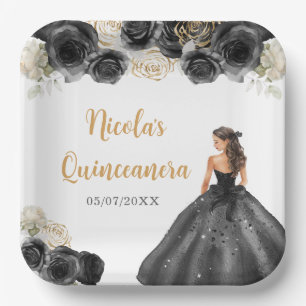 BlumenPrinzessin in Schwarz-Kleid Quinceanera Pappteller