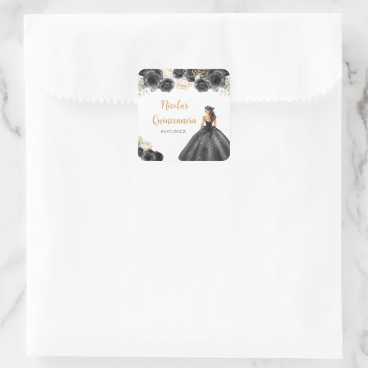 BlumenPrinzessin in Schwarz-Kleid Quinceanera Quadratischer Aufkleber (Tasche)