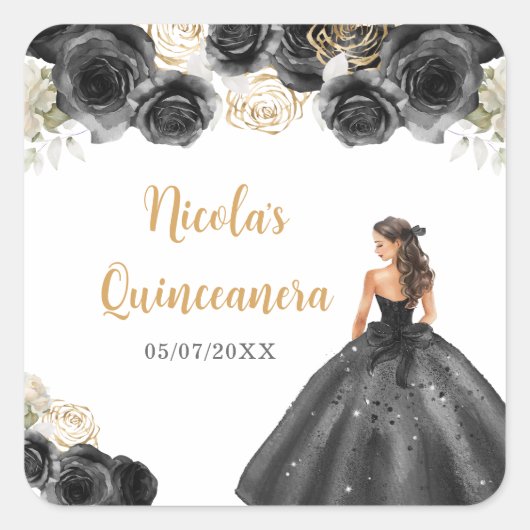 BlumenPrinzessin in Schwarz-Kleid Quinceanera Quadratischer Aufkleber (Vorderseite)