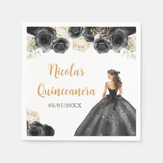 BlumenPrinzessin in Schwarz-Kleid Quinceanera Serviette (Vorderseite)