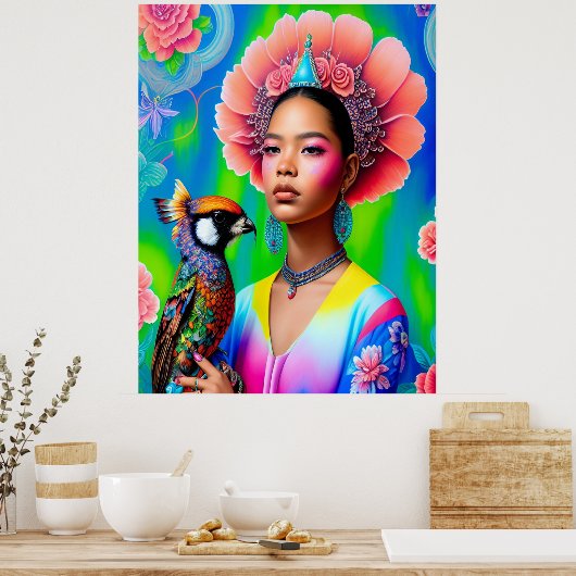 Blumenprinzessin mit Vogel Poster (Küche)