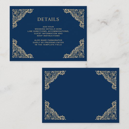 Blumenrahmen Blau und Gold Hochzeitsdetails Begleitkarte (Vorne/Hinten)