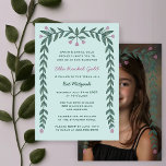 Blumenrahmen Custom Foto Bat Mitzvah Girl Einladung<br><div class="desc">Perfekte Karte, um eine Fledermausmitzvah, Bar mitzvah oder andere jüdische Feier anzukündigen! Handgezeichnete Kunst für Sie auf der Vorder- und Rückseite! Vollständig anpassbar! Klicken Sie oben auf "Personalisieren", um den Text zu bearbeiten und Ihr Foto auf der Rückseite hinzuzufügen. Klicken Sie auf "Bearbeiten mit dem Design-Tool", um die Schriftart, Farben...</div>