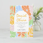 Blumenrahmen farbenfrohe Retro-Hochzeit Einladung (Stehend Vorderseite)