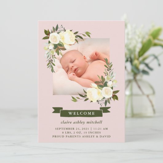 Blumenrahmen | Foto Baby Birth Ankündigung (Stehend Vorderseite)