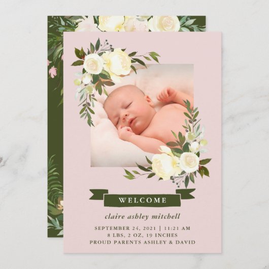 Blumenrahmen | Foto Baby Birth Ankündigung (Vorne/Hinten)