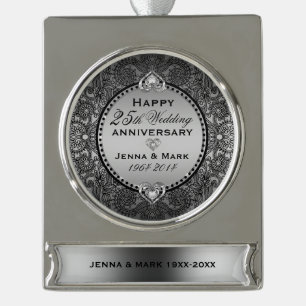 Blumenrahmen & Herz 25. Hochzeitstag Banner-Ornament Silber