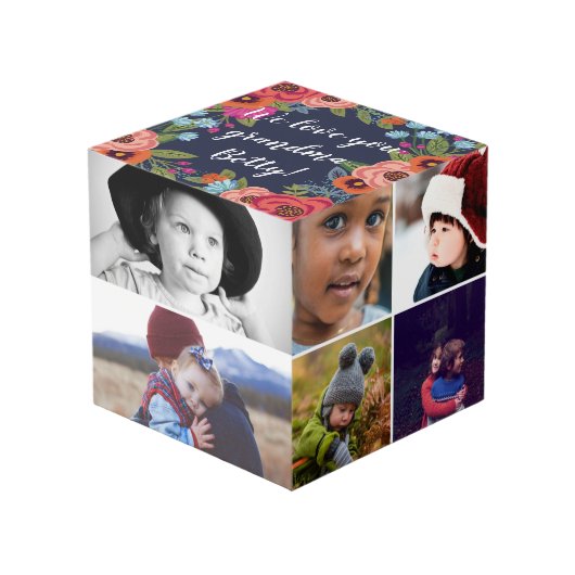 Blumenrahmen-Liebe-Großmutter-Foto-Collage Würfel (Vorderseite Schrägansicht)