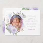 Blumenrahmen Lila Girl Foto Geburtserklärung Ankündigung (Vorne/Hinten)