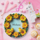 Blumenrahmen mit gelben Vögeln Pappteller (Party)