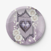 Blumenrahmen mit Herz und weißen Rosen Pappteller (Vorderseite)