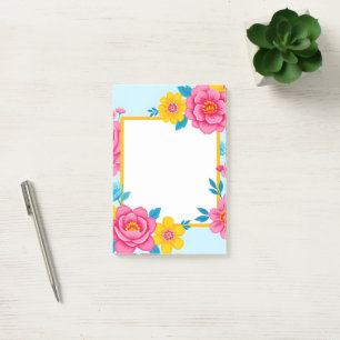 Blumenrahmen mit lebendigen Blumen Post-it Klebezettel