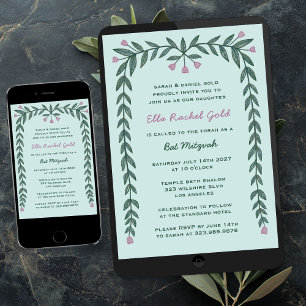 Blumenrahmen Modernes Bar Bat Mitzvah Girl Einladung