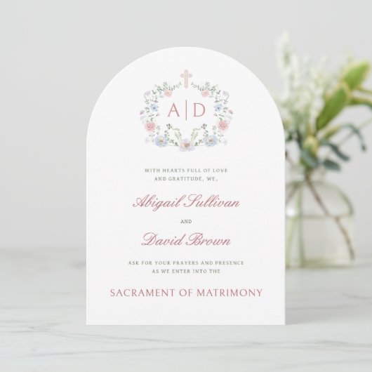 Blumenrahmen Monogramme Katholische Hochzeitseinla Einladung (Stehend Vorderseite)