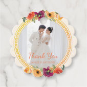 Blumenrahmen Pärchen beige Hochzeit Foto danke Geschenkanhänger (Vorderseite)