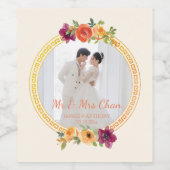 Blumenrahmen Pärchen Foto beige Hochzeit mr & mrs Weinetikett (Einzelnes Label)