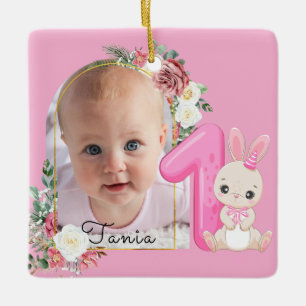 Blumenrahmen Rosa Baby Mädchen Erstes Weihnachten Keramikornament