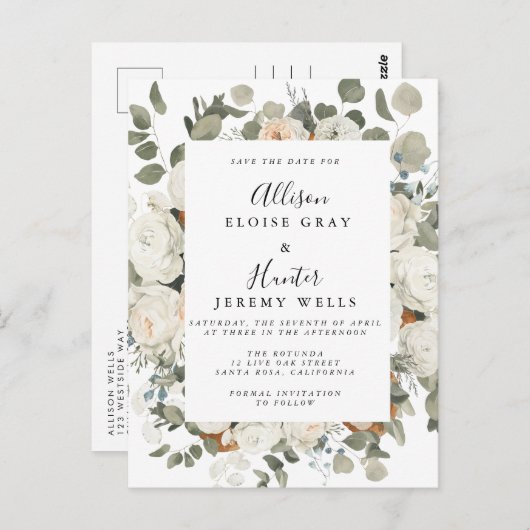 Blumenrahmen Save the Date Postkarte (Vorne/Hinten)