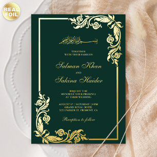 Blumenrand Smaragdgrün Islamische Hochzeit Gold Folieneinladung