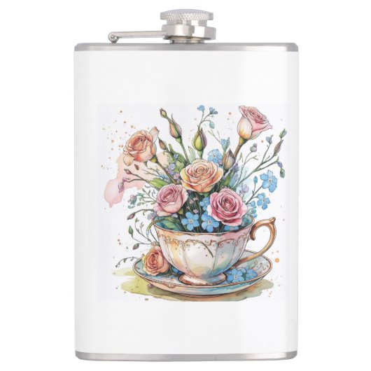 Blumenrankenmuster – sanfte Wasserfarbe-Boho-Kunst Flachmann (Vorderseite)