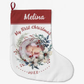 Blumenreath Baby's First Christmas Foto Großer Weihnachtsstrumpf (Vorderseite)