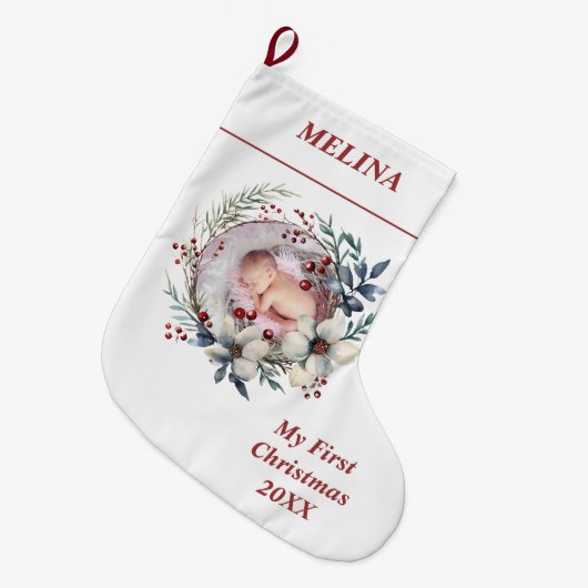 Blumenreath Baby's First Christmas Foto Großer Weihnachtsstrumpf (Vorderansicht (hängend))