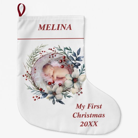 Blumenreath Baby's First Christmas Foto Großer Weihnachtsstrumpf (Vorderseite)