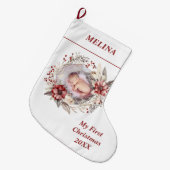 Blumenreath Baby's First Christmas Red Foto Großer Weihnachtsstrumpf (Vorderansicht (hängend))