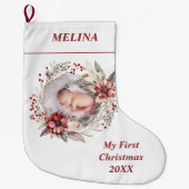 Blumenreath Baby's First Christmas Red Foto Großer Weihnachtsstrumpf (Vorderseite)