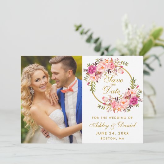 Blumenreath Pink Gold Save the Date Foto (Stehend Vorderseite)
