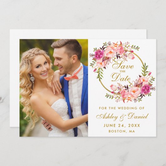 Blumenreath Pink Gold Save the Date Foto (Vorne/Hinten)