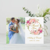Blumenreath Pink Wedding Foto Danke Karte (Stehend Vorderseite)