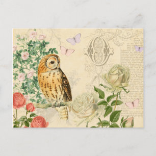 Blumenreiche Vintage-Eulen-Postkarte mit schönen R Postkarte