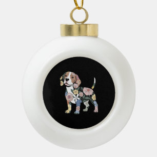 Blumenreiches Beagle-Silhuetten-Design Keramik Kugel-Ornament