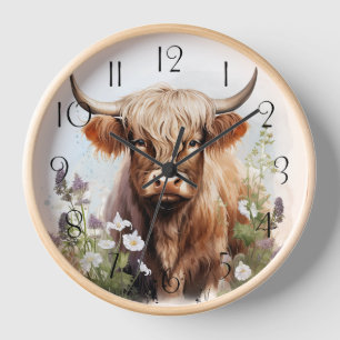 Blumenreiches Highland-Rind-Aquarell Uhr