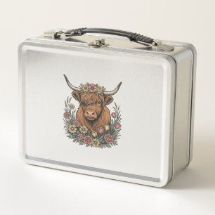 Blumenreiches Highland-Rind Vintage-Stichdesign_1 Metall Brotdose