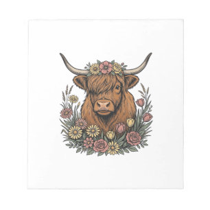 Blumenreiches Highland-Rind Vintage-Stichdesign_1 Notizblock