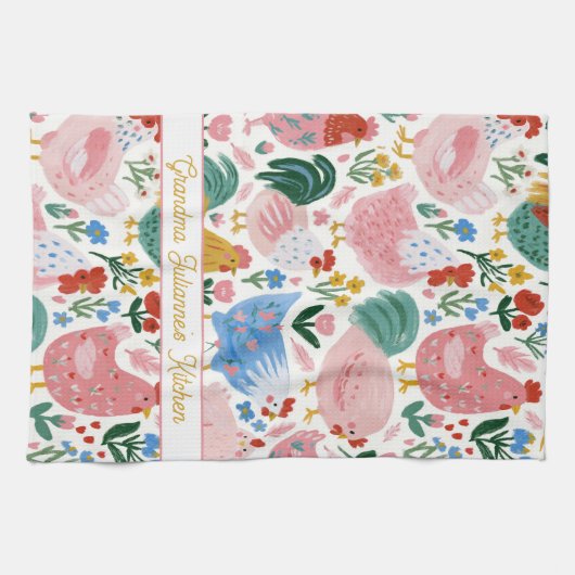 Blumenreiches Hühner-Omas Küche  Geschirrtuch (Horizontal)