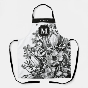 Blumenreiches Schwarz-Weiß-Monogramm-Schürze Schürze