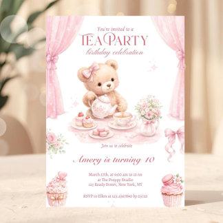 Blumenreiches Vintage Rosa Teddybär-Teeparty-Gebur Einladung