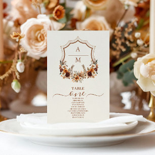Blumenreiches westliches Wappen-Monogramm-Hochzeit Tischnummer