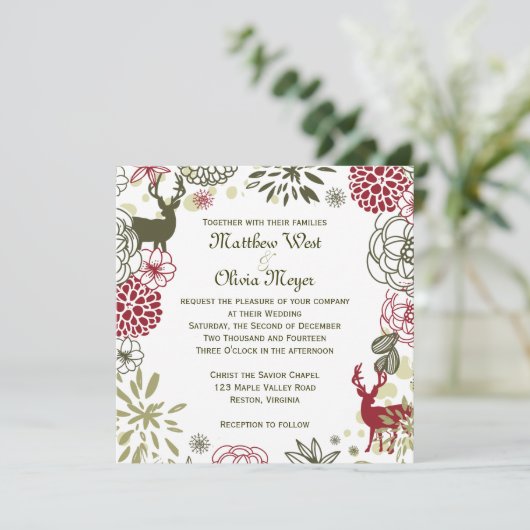Blumenren-Weihnachtshochzeits-Einladung Einladung (Stehend Vorderseite)