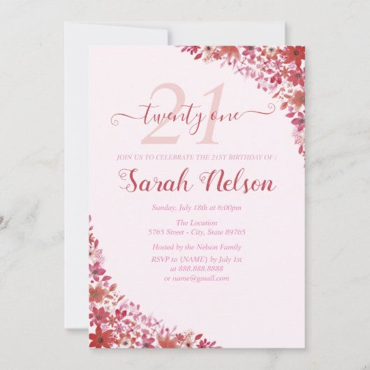 Blumenrosa 21. Geburtstag Einladung (Vorderseite)
