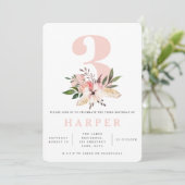 Blumenrosa 3. Geburtstag Party Foto Einladung (Stehend Vorderseite)