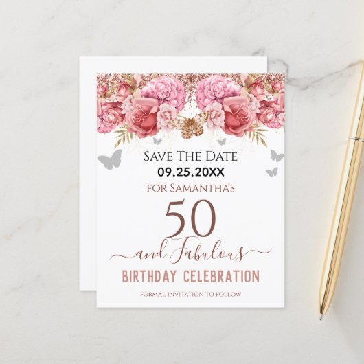 Blumenrosa 50. Geburtstag Save the Date (Vorderseite/Rückseite Beispiel)