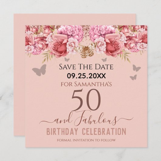 Blumenrosa 50. Geburtstag Save the Date (Vorne/Hinten)
