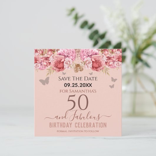 Blumenrosa 50. Geburtstag Save the Date (Stehend Vorderseite)