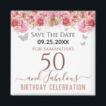 Blumenrosa 50. Geburtstag Speichern Sie das Datum  Magnet<br><div class="desc">Girly Glitzer,  Jahrtausende pink Hintergrund,  mit extravagantem Skriptnamen Typografie. Happy 50 und fabelhafte Geburtstagsdesign Vorlage. Rosa Rosen und Schmetterling oberer Rand. Ideal für 50. Feiern. Save the Date feiern Erinnerung.</div>