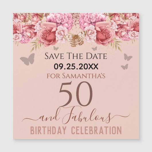 Blumenrosa 50. Geburtstag Speichern Sie das Datum  Magnetkarte (Vorderseite)