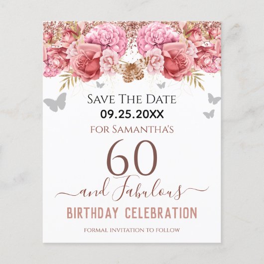 Blumenrosa 60. Geburtstag Save the Date (Vorderseite)